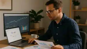 Pessoa analisando relatórios de monetização e estratégias para ganhar dinheiro com o Google em 2025